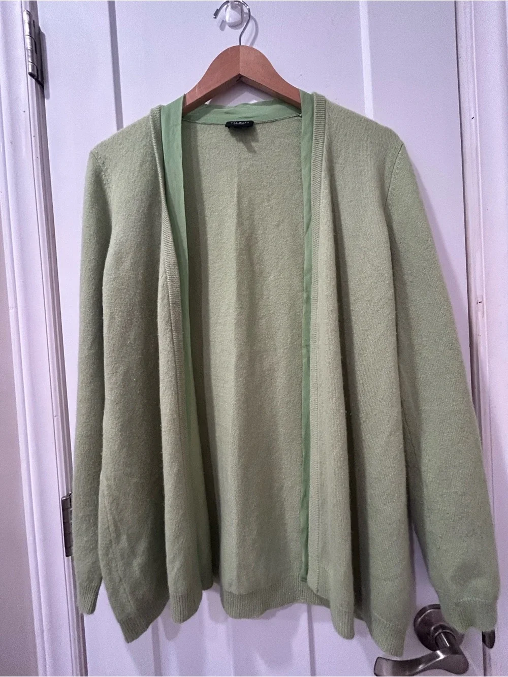 100% Cashmere Open Front Talbots Cardigan Sweater Sage Green Size Large